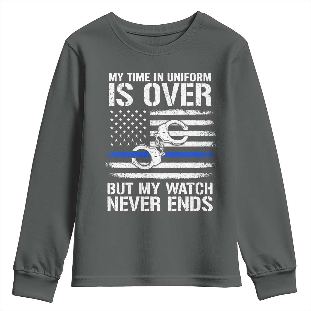 Police Retirement Youth Sweatshirt Handcuffs US Flag Retired Police Graphic TS10 Dark Heather Print Your Wear