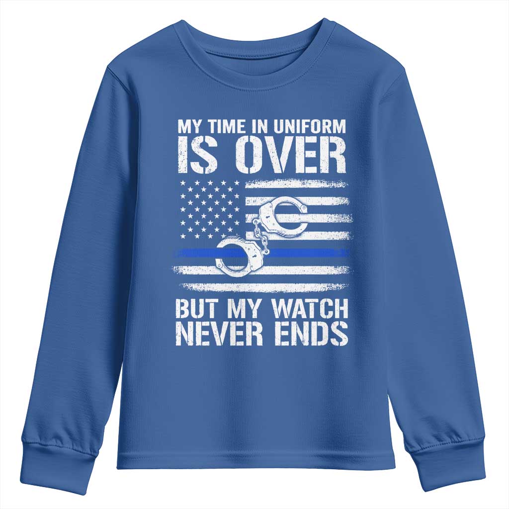 Police Retirement Youth Sweatshirt Handcuffs US Flag Retired Police Graphic TS10 Royal Blue Print Your Wear
