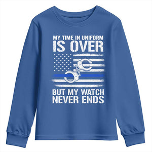 Police Retirement Youth Sweatshirt Handcuffs US Flag Retired Police Graphic TS10 Royal Blue Print Your Wear
