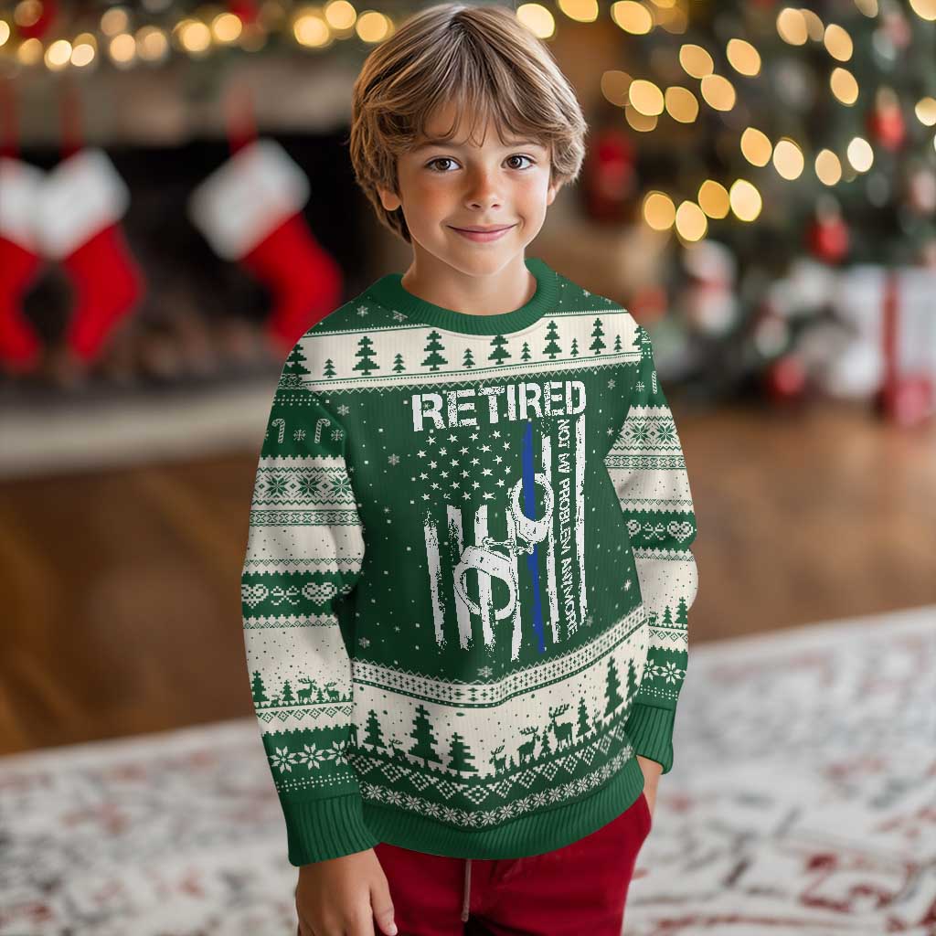 Police Retirement Ugly Christmas Sweater Retired Not My Problem Anymore Handcuffs US Flag Retired Police Graphic TS10 Forest Green Beige Print Your Wear