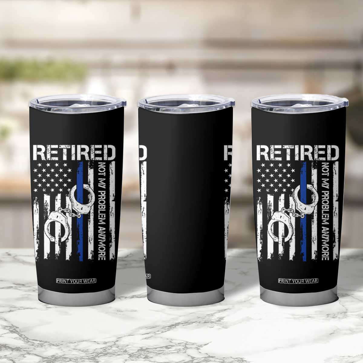 Police Retirement Tumbler Cup Retired Not My Problem Anymore Handcuffs US Flag Retired Police Graphic