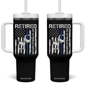 Police Retirement Tumbler With Handle Retired Not My Problem Anymore Handcuffs US Flag Retired Police Graphic