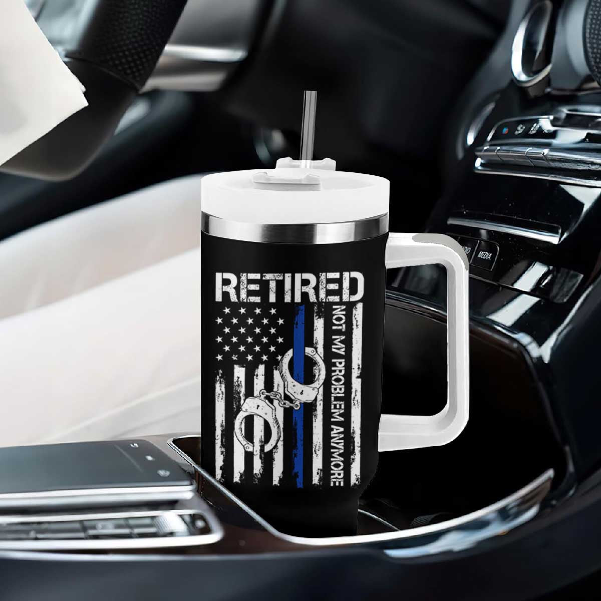 Police Retirement Tumbler With Handle Retired Not My Problem Anymore Handcuffs US Flag Retired Police Graphic