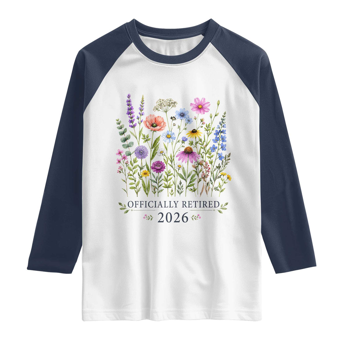 Officially Retired 2026 Wildflowers Botanical Floral Graphic Raglan Shirt TS10 White Navy Print Your Wear