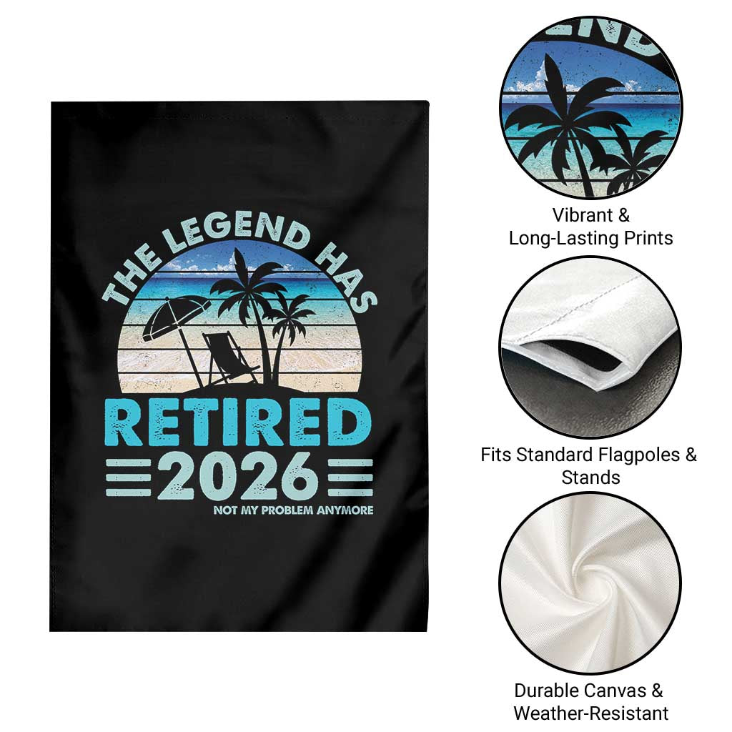 The Legend Has Retired 2026 Garden Flag Vintage Tropical Beach Sunset Graphic Ocean Vibes