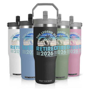 The Legend Has Retired 2026 Flip Straw Tumbler Vintage Tropical Beach Sunset Graphic Ocean Vibes