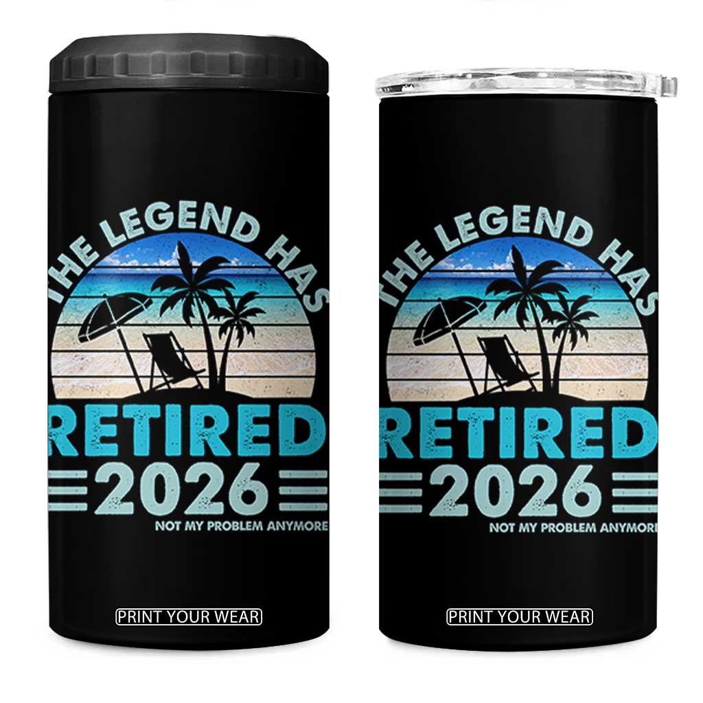 The Legend Has Retired 2026 4 in 1 Can Cooler Tumbler Vintage Tropical Beach Sunset Graphic Ocean Vibes