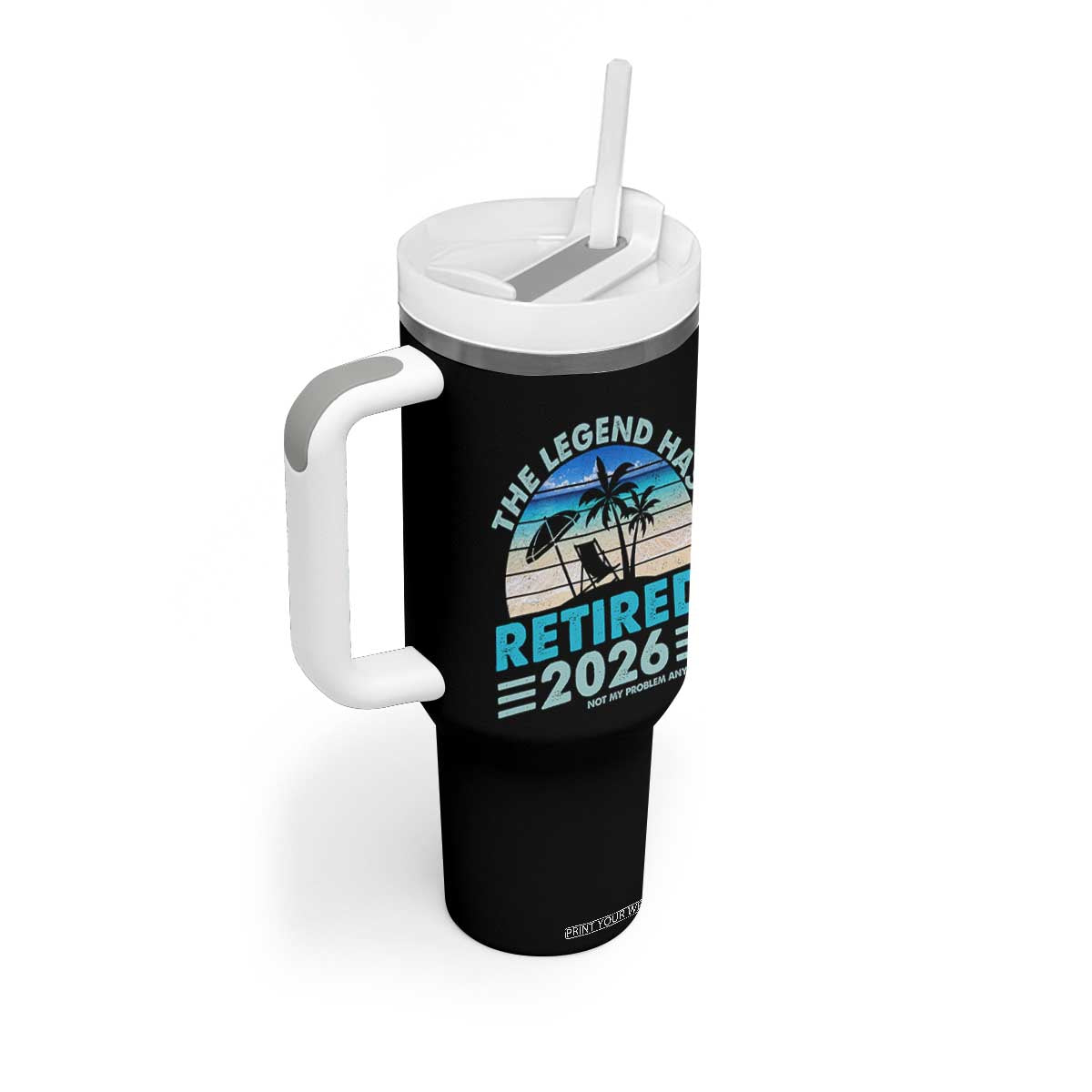 The Legend Has Retired 2026 Tumbler With Handle Vintage Tropical Beach Sunset Graphic Ocean Vibes