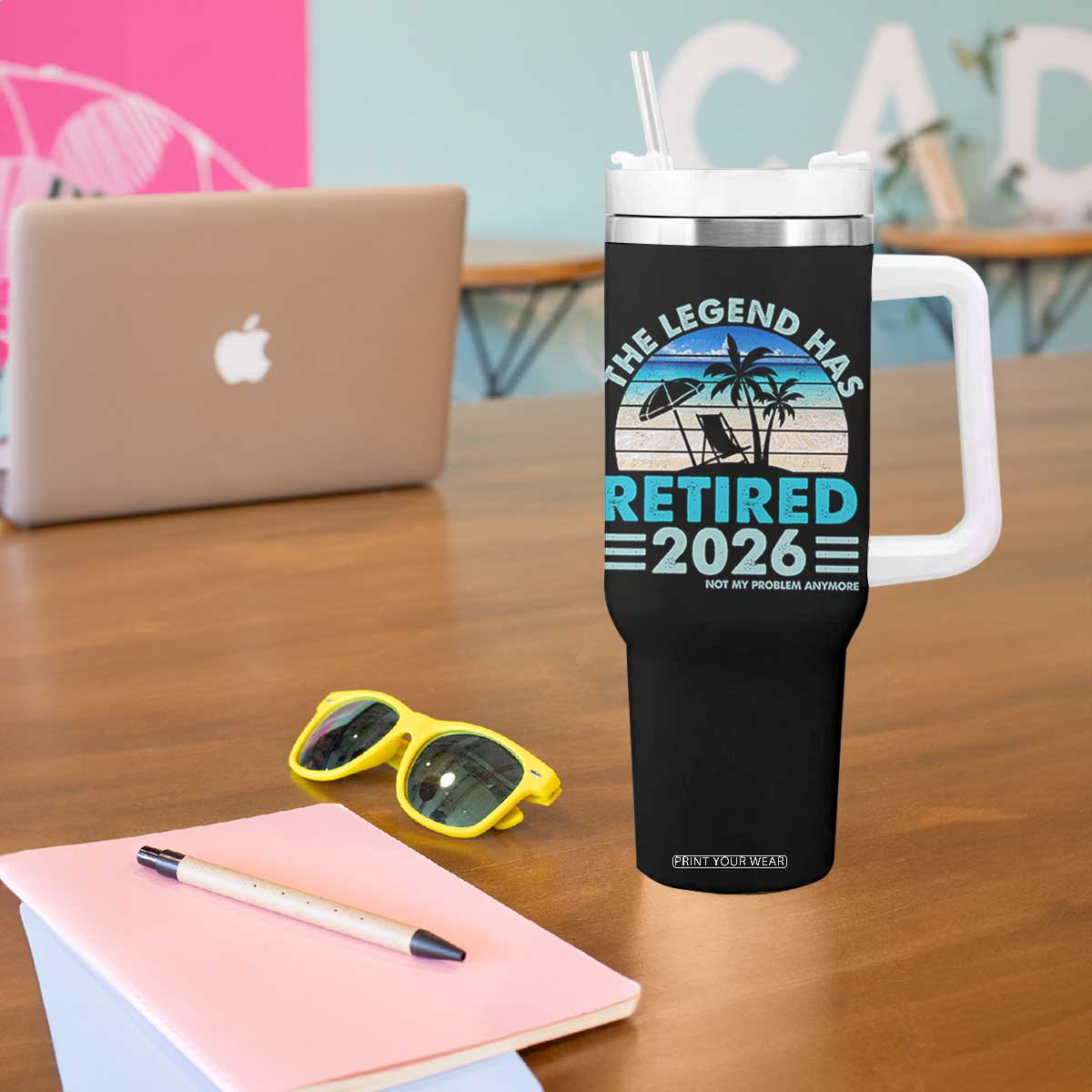 The Legend Has Retired 2026 Tumbler With Handle Vintage Tropical Beach Sunset Graphic Ocean Vibes