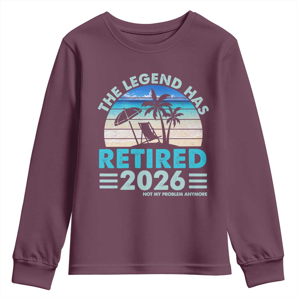 The Legend Has Retired 2026 Youth Sweatshirt Vintage Tropical Beach Sunset Graphic Ocean Vibes TS10 Maroon Print Your Wear