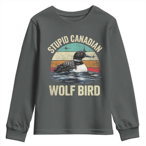 Stupid Canadian Wolf Bird Youth Sweatshirt Funny Retro LGBT Romance Hockey Fan TS10 Dark Heather Print Your Wear