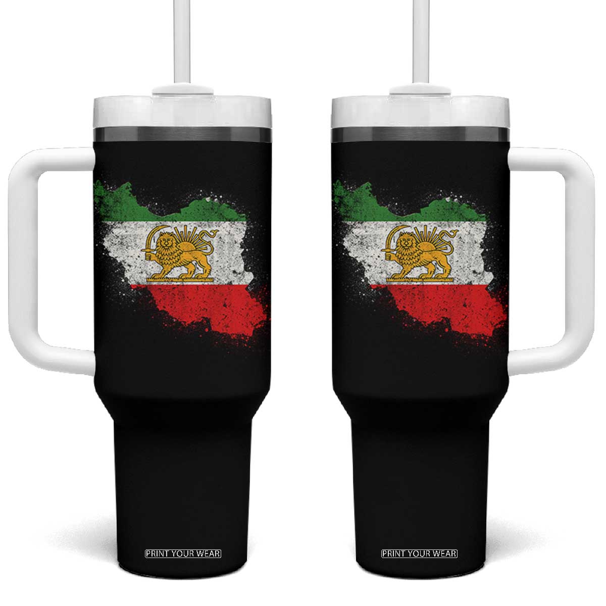 Lion and Sun Iran Tumbler With Handle Shir o Khorshid Retro Vintage Watercolors Iran Flag TS10 One Size: 40 oz Black Print Your Wear