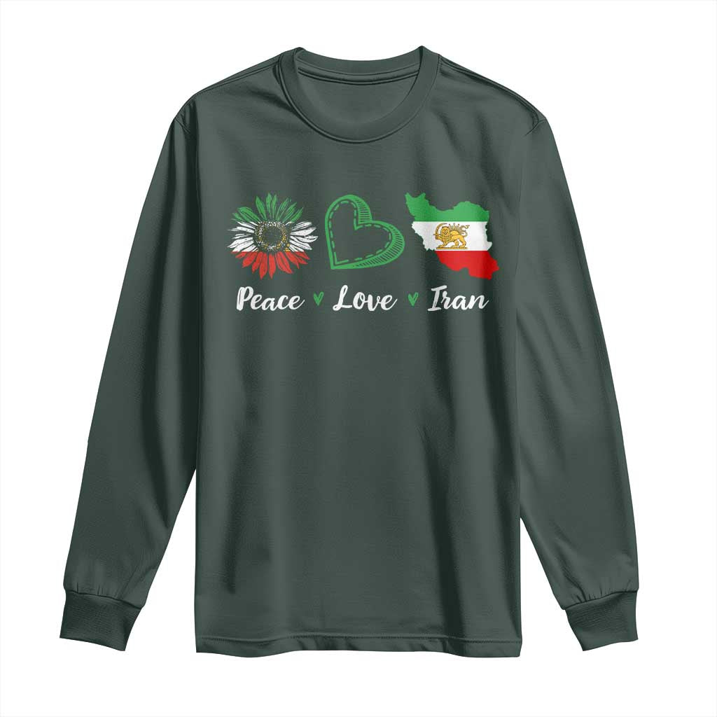 Peace Love Iran Long Sleeve Shirt Sunflower Flag TS10 Dark Forest Green Print Your Wear