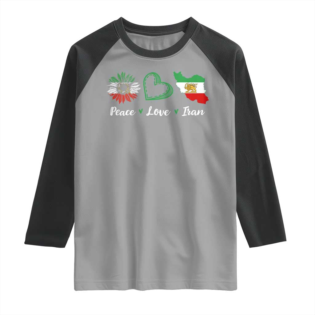 Peace Love Iran Raglan Shirt Sunflower Flag TS10 Sport Gray Black Print Your Wear