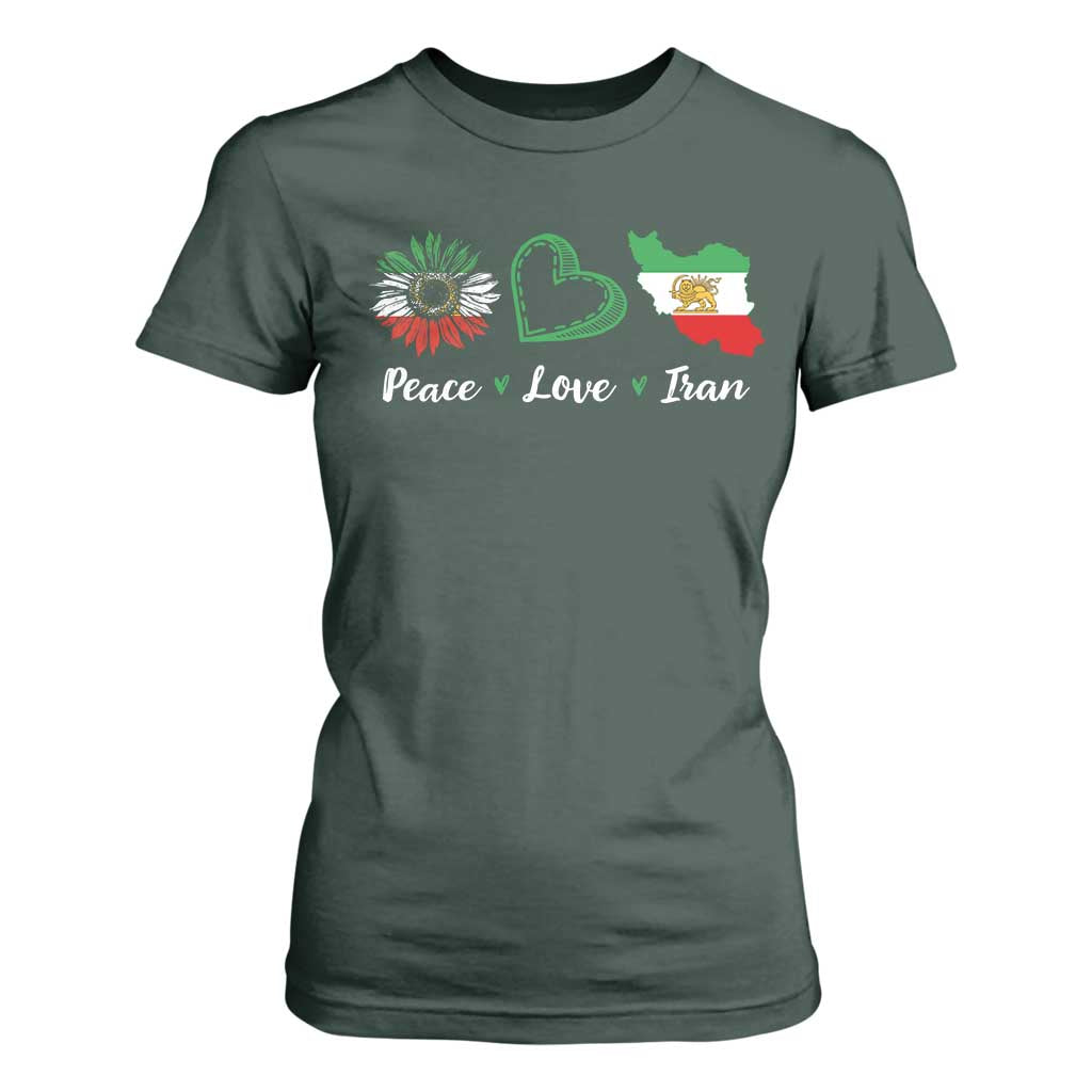 Peace Love Iran T Shirt For Women Sunflower Flag TS10 Dark Forest Green Print Your Wear
