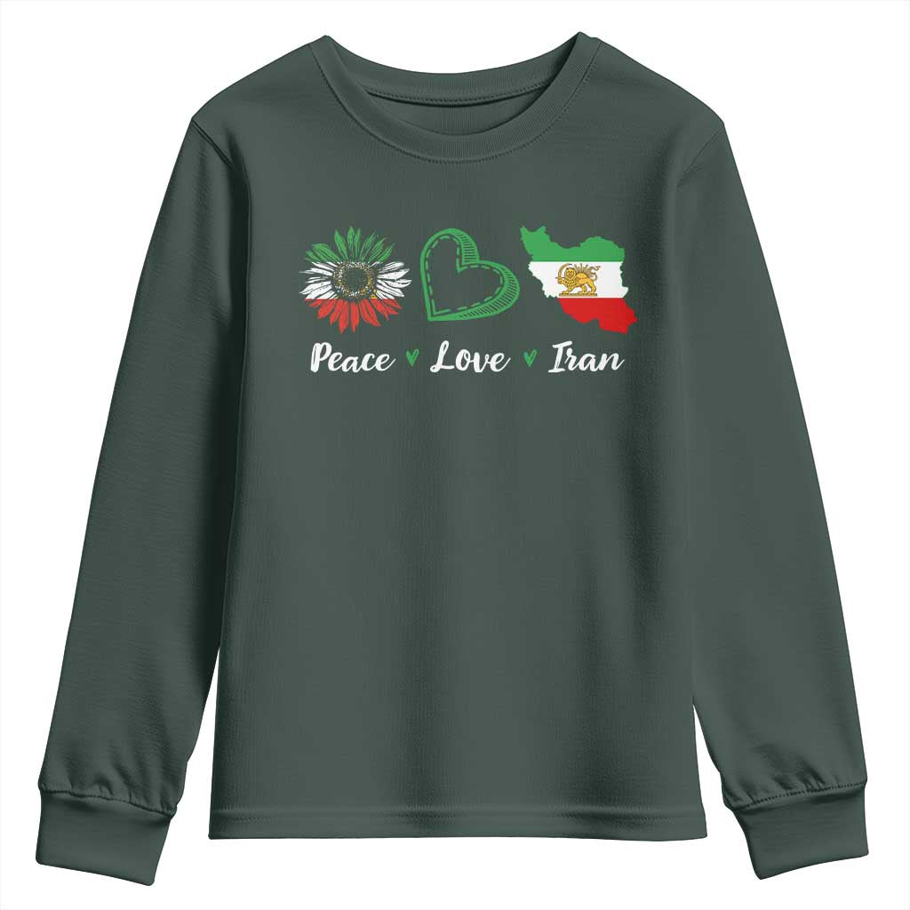 Peace Love Iran Youth Sweatshirt Sunflower Flag TS10 Dark Forest Green Print Your Wear