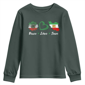 Peace Love Iran Youth Sweatshirt Sunflower Flag TS10 Dark Forest Green Print Your Wear