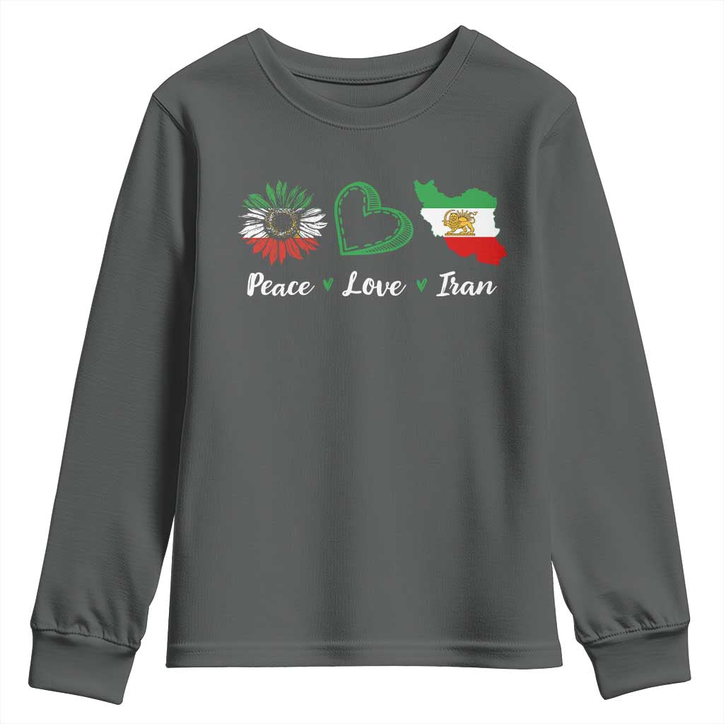 Peace Love Iran Youth Sweatshirt Sunflower Flag TS10 Dark Heather Print Your Wear