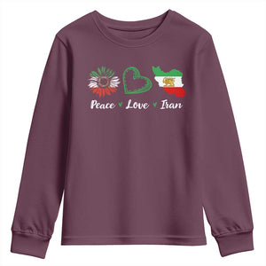 Peace Love Iran Youth Sweatshirt Sunflower Flag TS10 Maroon Print Your Wear