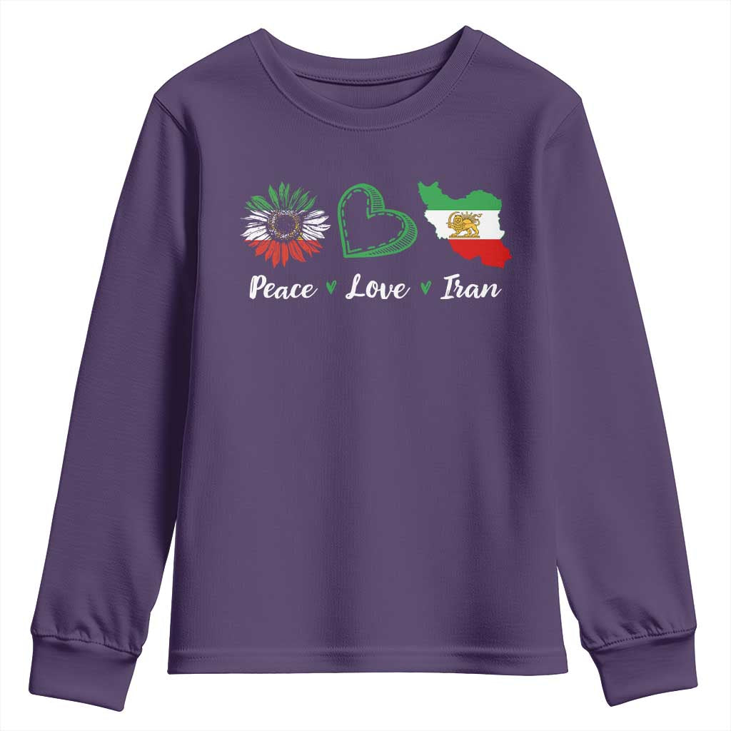 Peace Love Iran Youth Sweatshirt Sunflower Flag TS10 Purple Print Your Wear