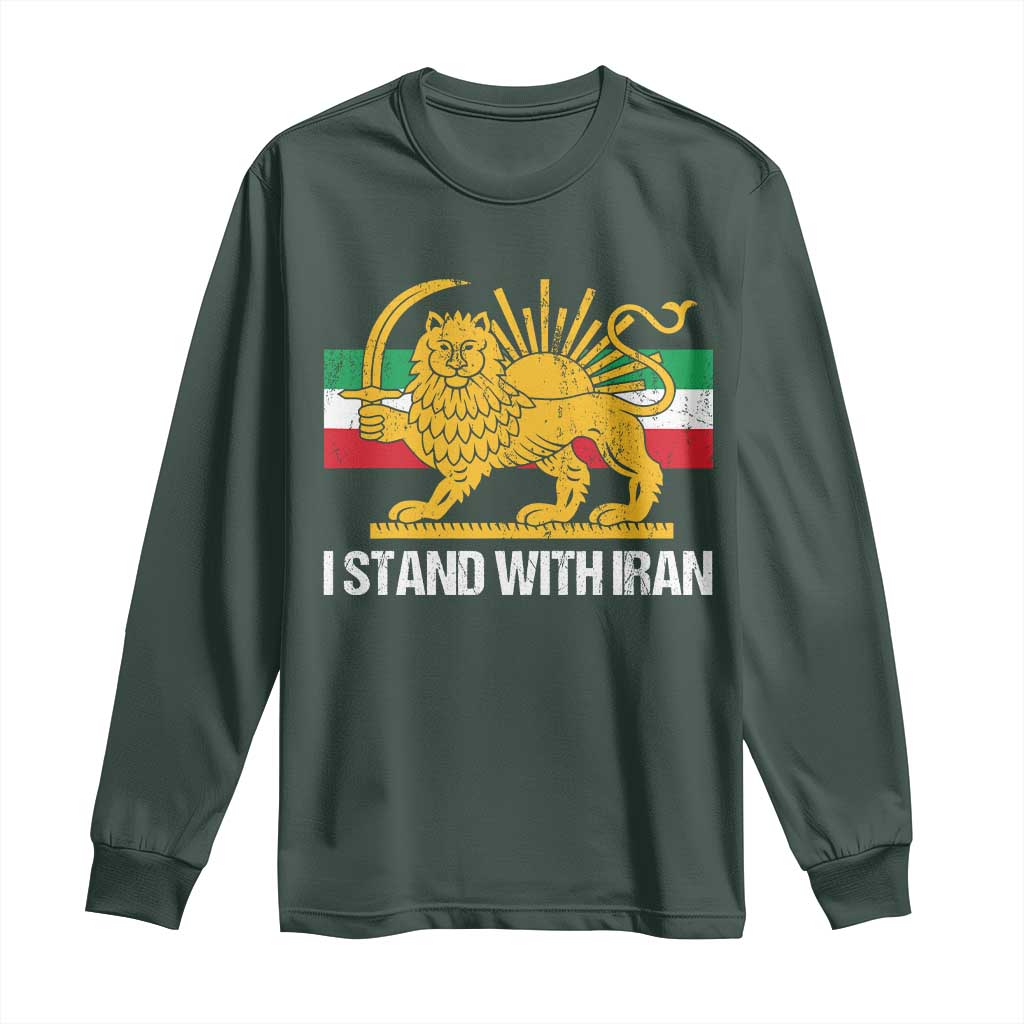 I Stand With Iran Long Sleeve Shirt Shir o Khorshid Lion And Sun Iran Persia TS10 Dark Forest Green Print Your Wear