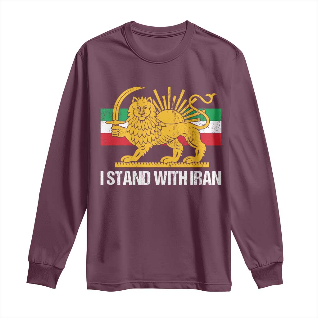 I Stand With Iran Long Sleeve Shirt Shir o Khorshid Lion And Sun Iran Persia TS10 Maroon Print Your Wear