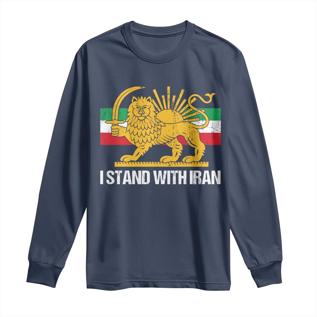 I Stand With Iran Long Sleeve Shirt Shir o Khorshid Lion And Sun Iran Persia TS10 Navy Print Your Wear