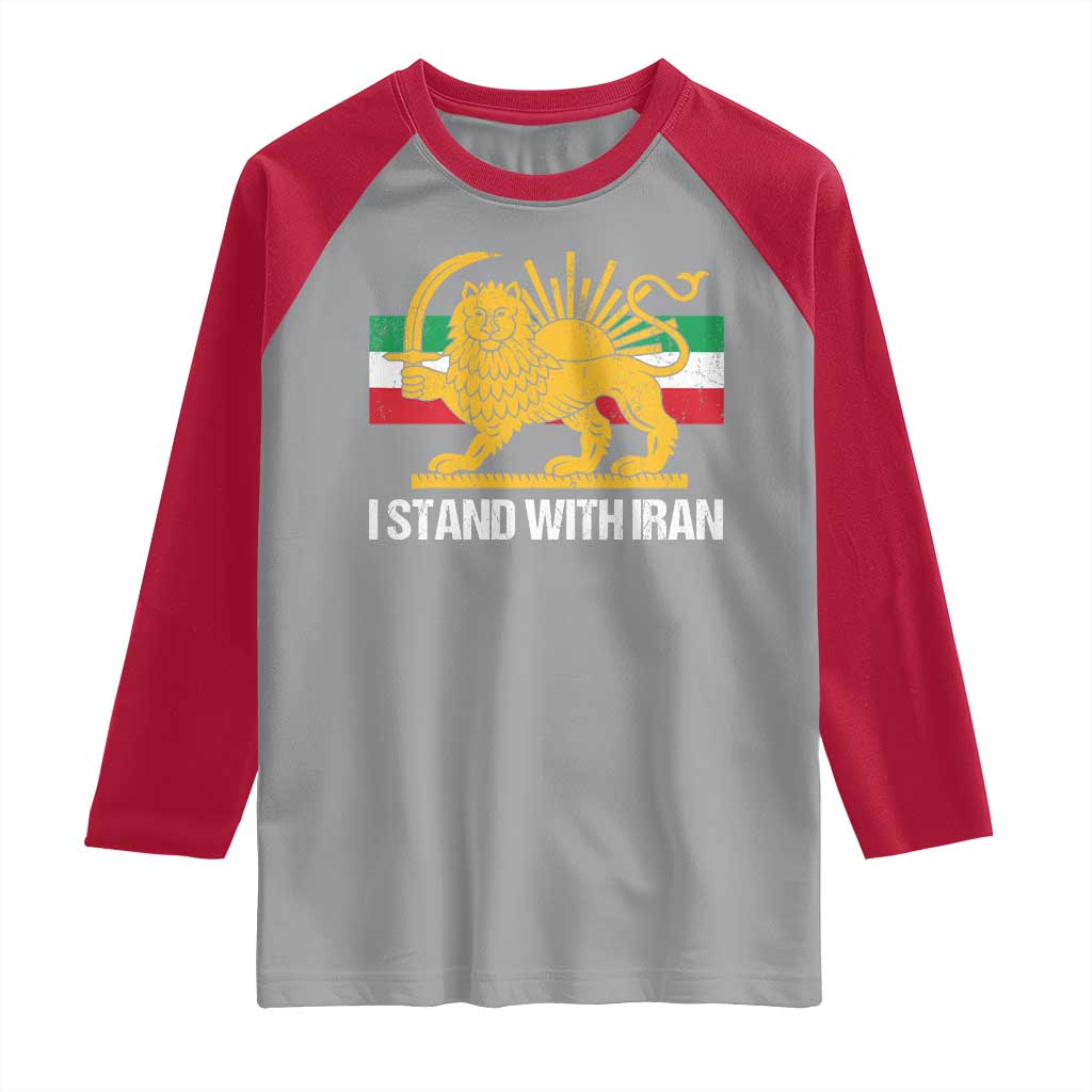 I Stand With Iran Raglan Shirt Shir o Khorshid Lion And Sun Iran Persia TS10 Sport Gray Red Print Your Wear