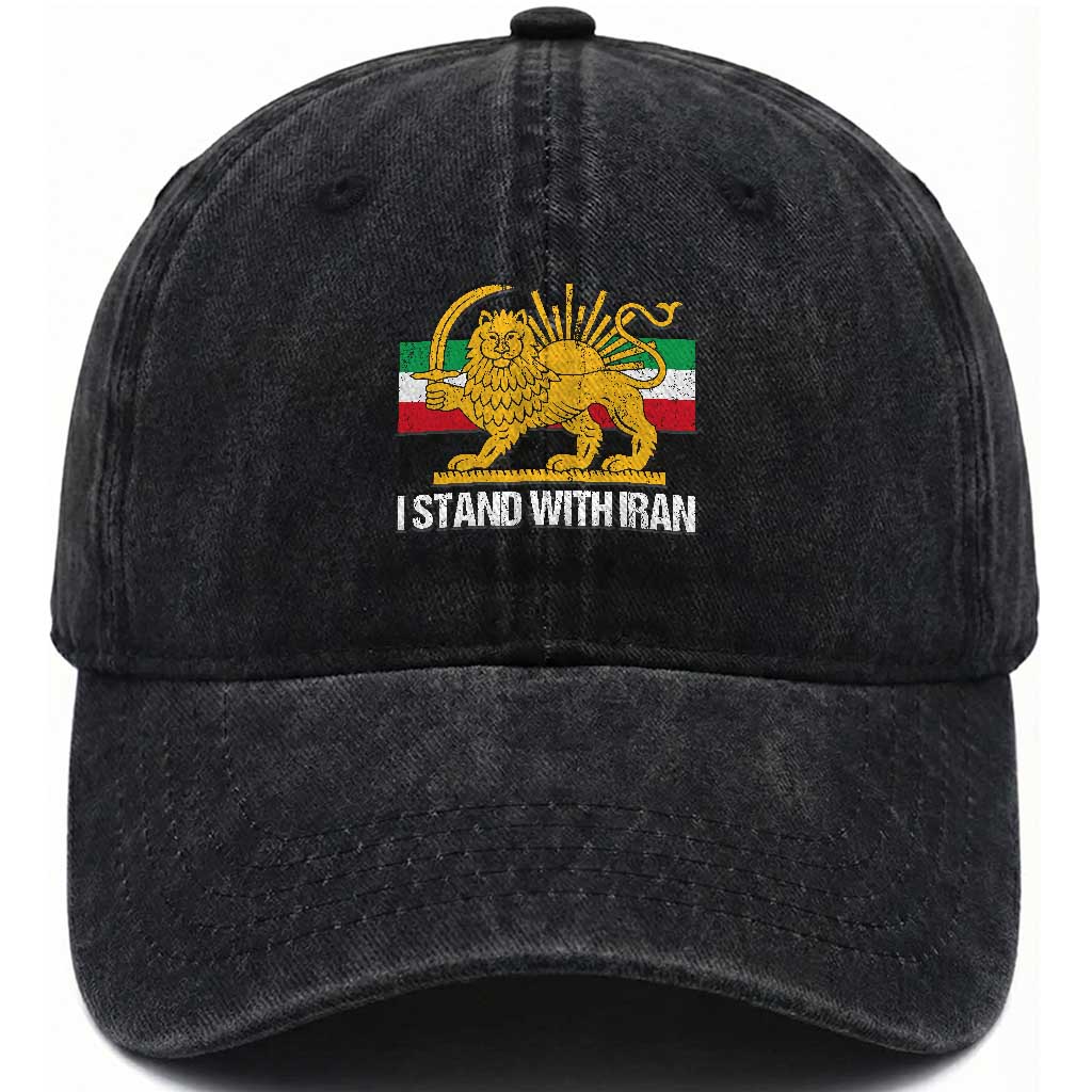 I Stand With Iran Washed Cotton Baseball Cap Shir o Khorshid Lion And Sun Iran Persia TS10 Washed Cap Universal Fit Black Print Your Wear