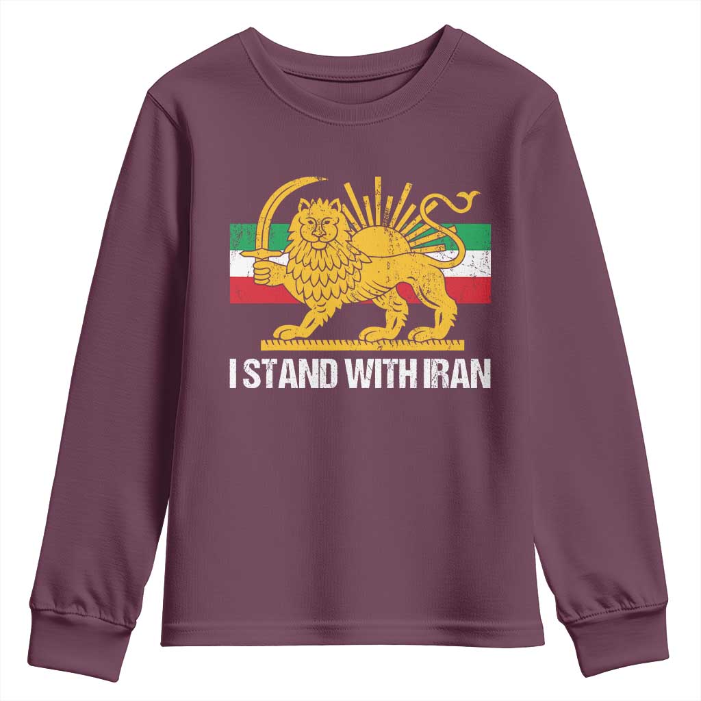 I Stand With Iran Youth Sweatshirt Shir o Khorshid Lion And Sun Iran Persia TS10 Maroon Print Your Wear