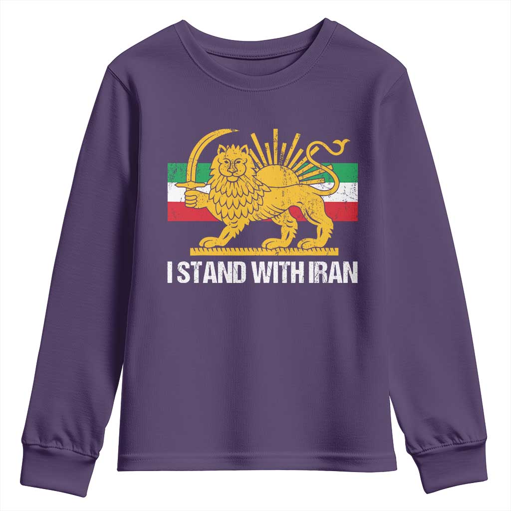 I Stand With Iran Youth Sweatshirt Shir o Khorshid Lion And Sun Iran Persia TS10 Purple Print Your Wear