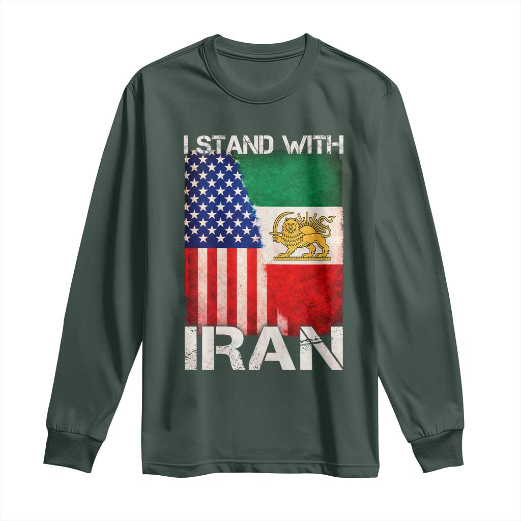 I Stand With Iran Long Sleeve Shirt Persian American Flag USA Persia Lion And Sun Iran TS10 Dark Forest Green Print Your Wear
