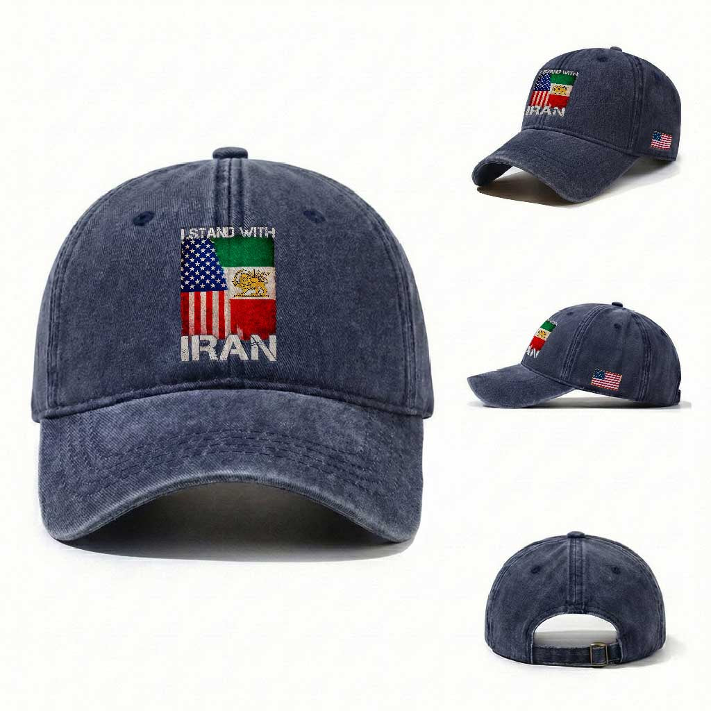 I Stand With Iran Washed Cotton Baseball Cap Persian American Flag USA Persia Lion And Sun Iran TS10 Washed Cap Universal Fit Navy Print Your Wear