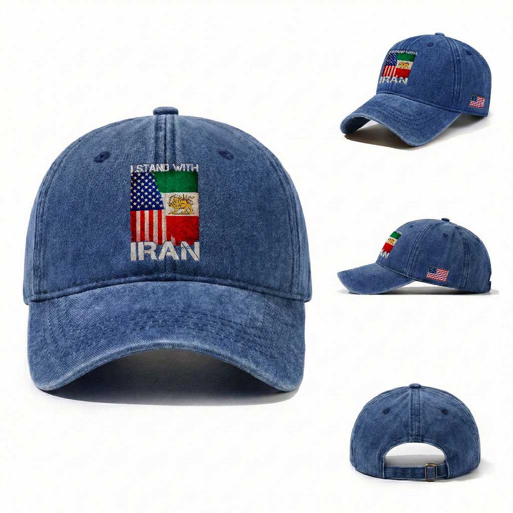 I Stand With Iran Washed Cotton Baseball Cap Persian American Flag USA Persia Lion And Sun Iran TS10 Washed Cap Universal Fit Royal Blue Print Your Wear