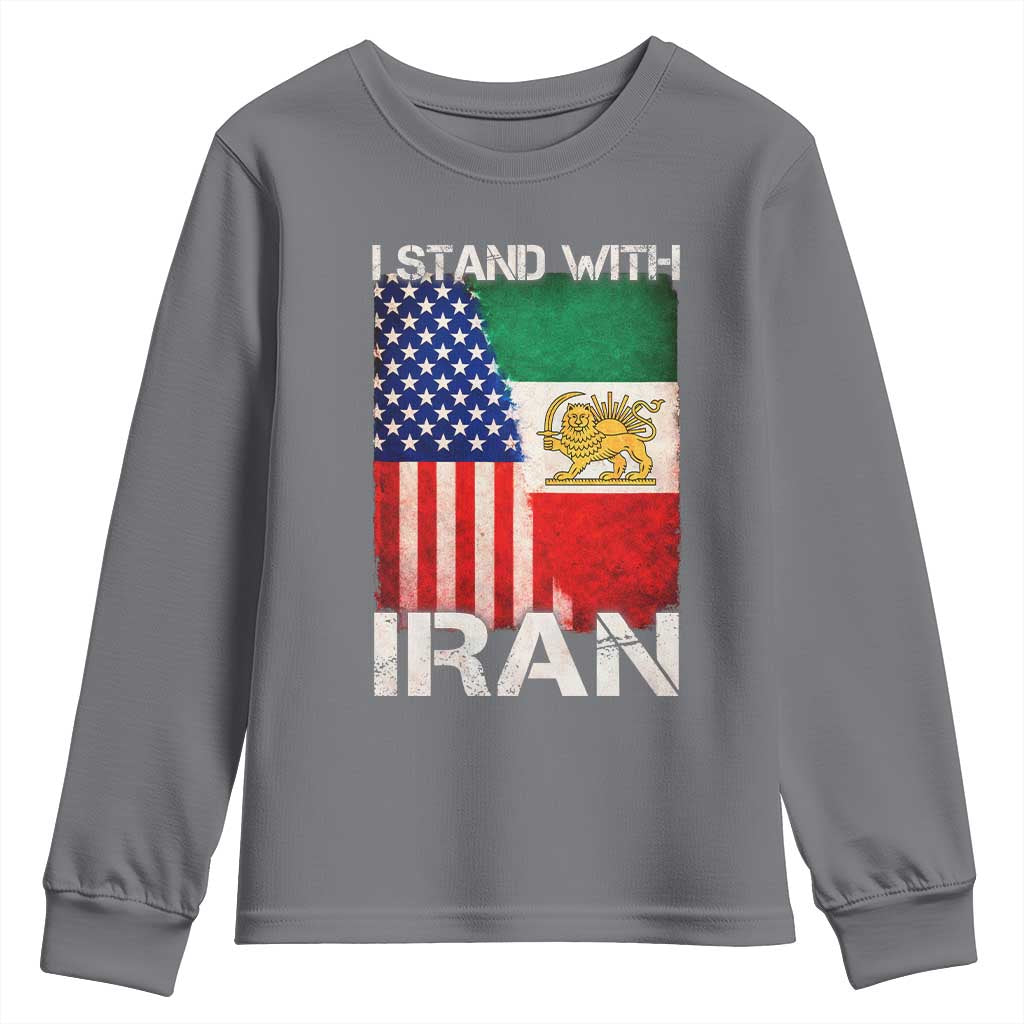 I Stand With Iran Youth Sweatshirt Persian American Flag USA Persia Lion And Sun Iran TS10 Charcoal Print Your Wear