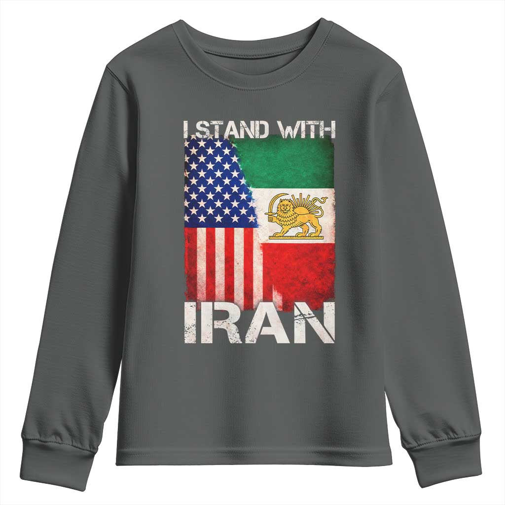 I Stand With Iran Youth Sweatshirt Persian American Flag USA Persia Lion And Sun Iran TS10 Dark Heather Print Your Wear