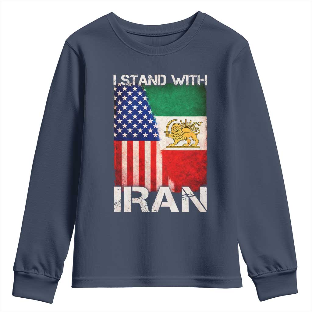 I Stand With Iran Youth Sweatshirt Persian American Flag USA Persia Lion And Sun Iran TS10 Navy Print Your Wear