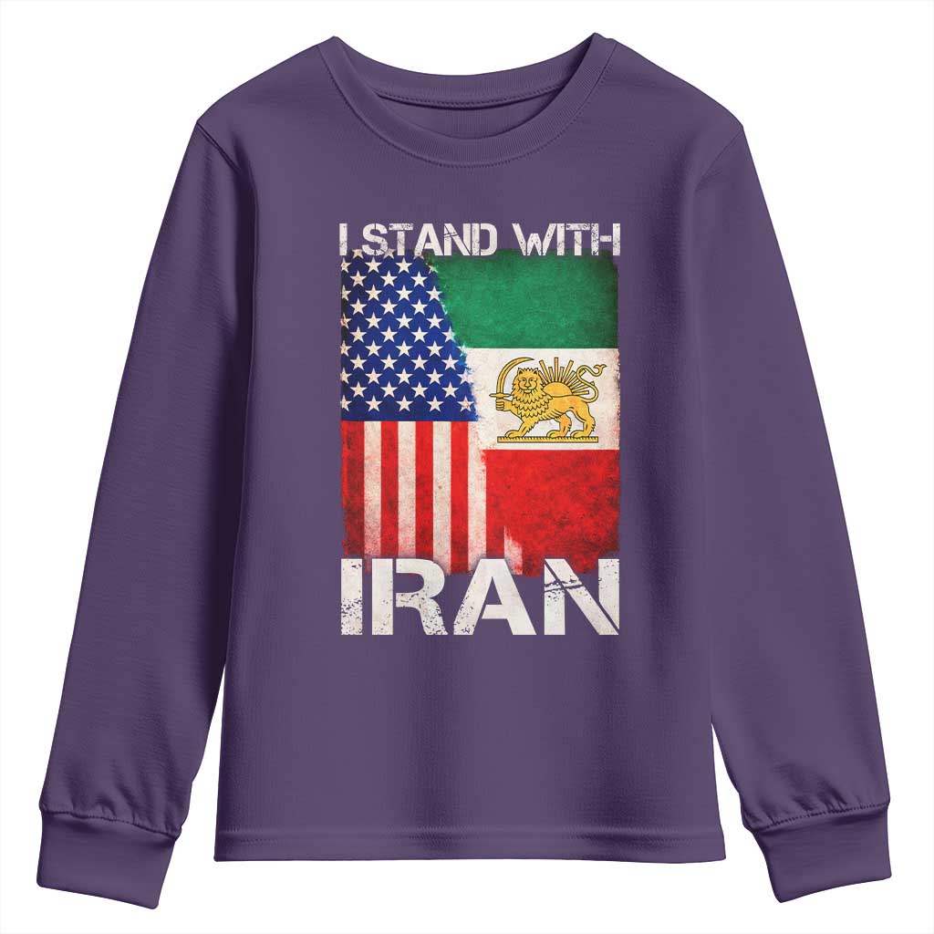 I Stand With Iran Youth Sweatshirt Persian American Flag USA Persia Lion And Sun Iran TS10 Purple Print Your Wear