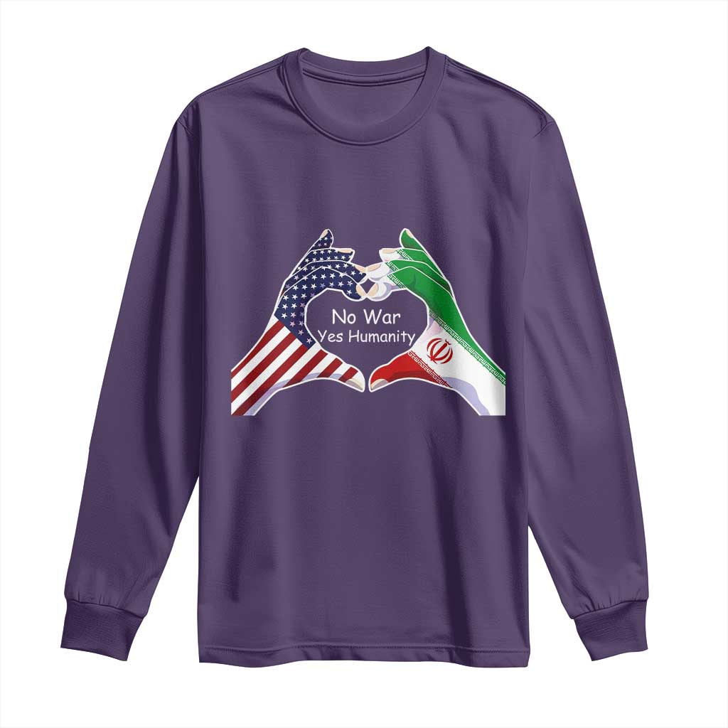 Iran Long Sleeve Shirt No War Yes Hummanity Persian American Flag Heart Political Statement TS10 Purple Print Your Wear