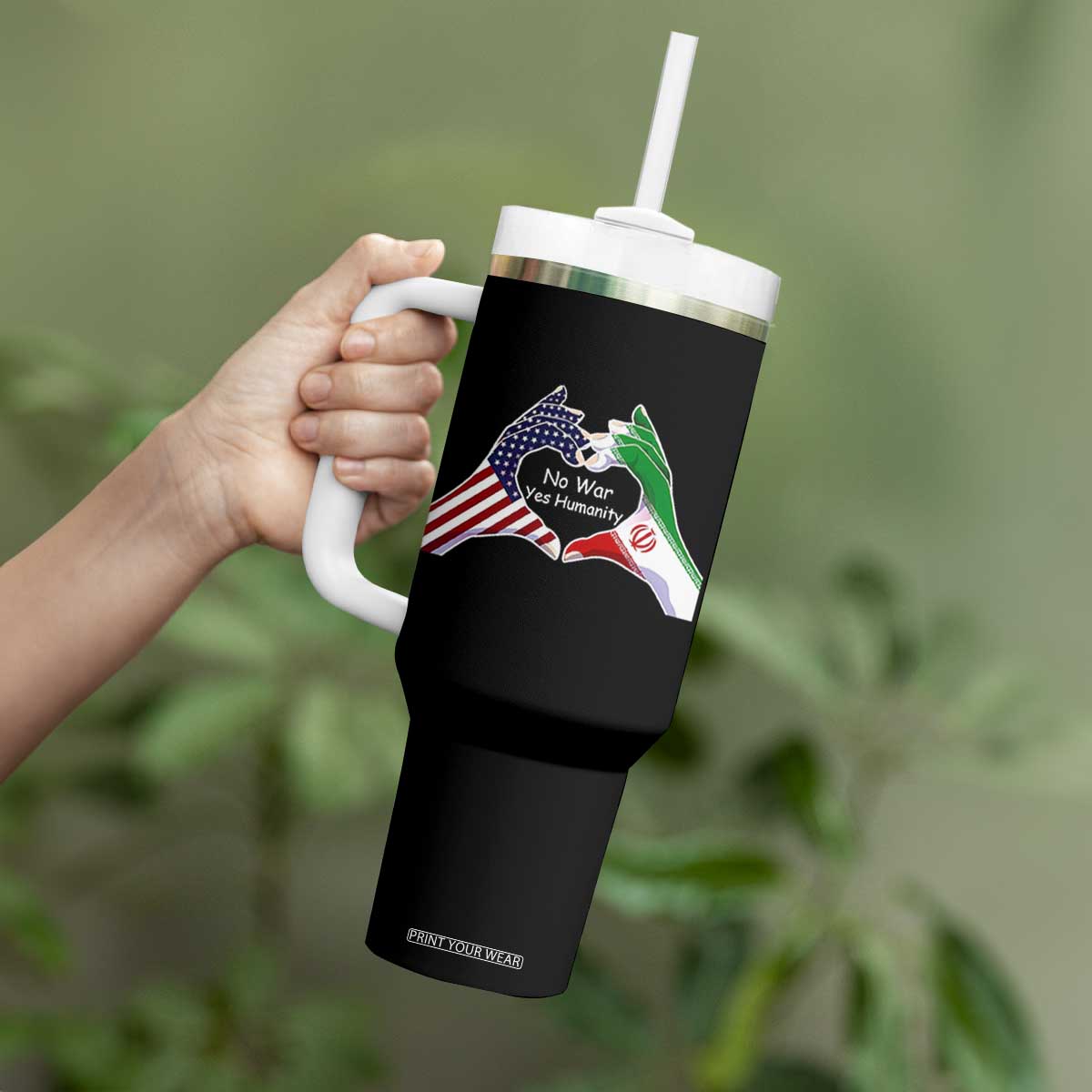 Iran Tumbler With Handle No War Yes Hummanity Persian American Flag Heart Political Statement TS10 Print Your Wear