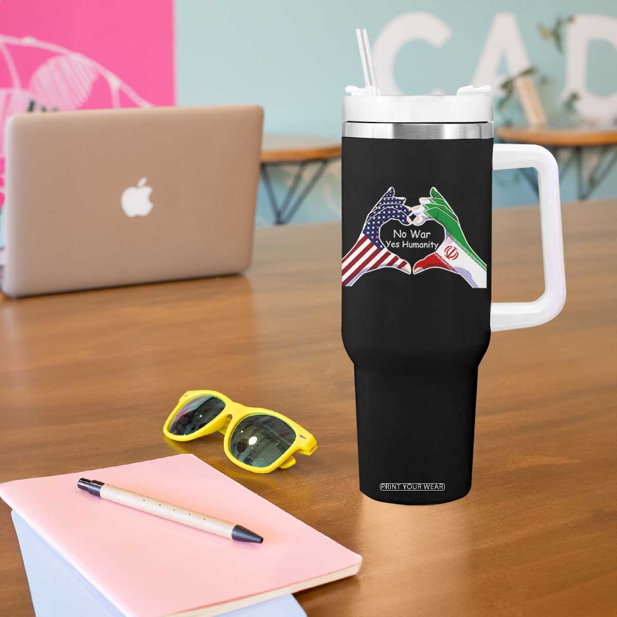 Iran Tumbler With Handle No War Yes Hummanity Persian American Flag Heart Political Statement TS10 Print Your Wear