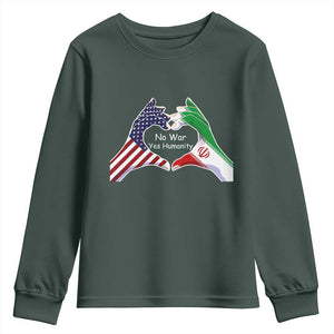 Iran Youth Sweatshirt No War Yes Hummanity Persian American Flag Heart Political Statement TS10 Dark Forest Green Print Your Wear