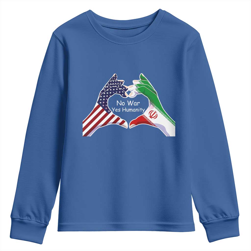 Iran Youth Sweatshirt No War Yes Hummanity Persian American Flag Heart Political Statement TS10 Royal Blue Print Your Wear