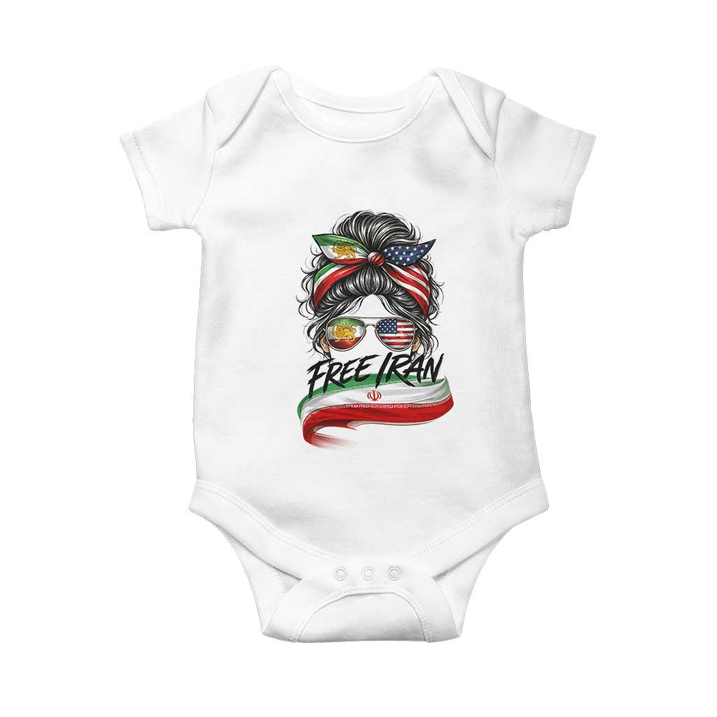 Free Iran Baby Onesie Persian American Pride Lion Sun Flag Messy Bun TS10 White Print Your Wear
