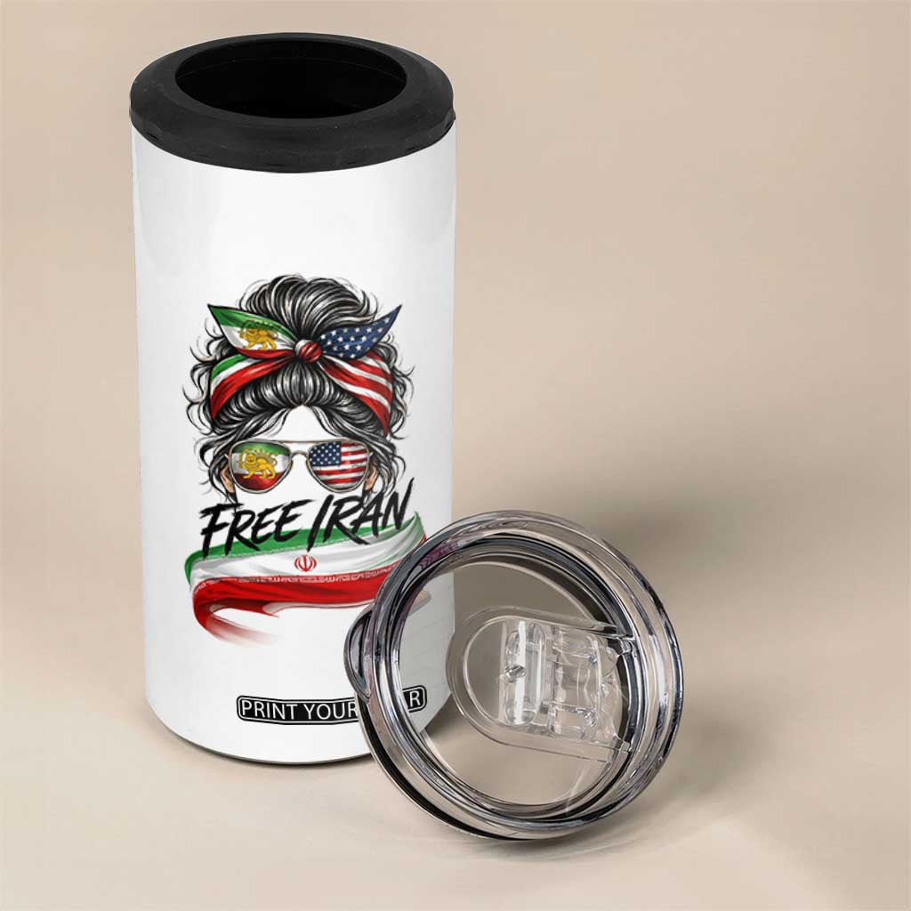 Free Iran 4 in 1 Can Cooler Tumbler Persian American Pride Lion Sun Flag Messy Bun TS10 Print Your Wear
