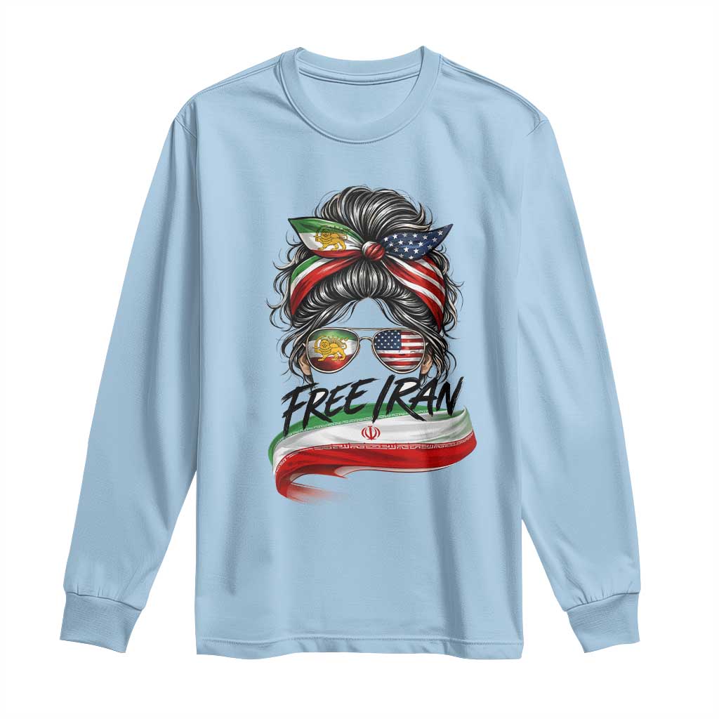 Free Iran Long Sleeve Shirt Persian American Pride Lion Sun Flag Messy Bun TS10 Light Blue Print Your Wear