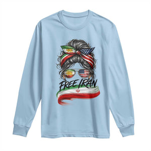 Free Iran Long Sleeve Shirt Persian American Pride Lion Sun Flag Messy Bun TS10 Light Blue Print Your Wear