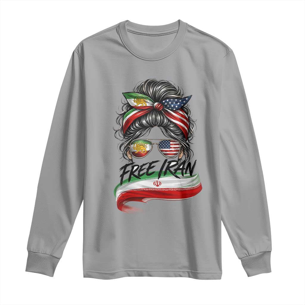 Free Iran Long Sleeve Shirt Persian American Pride Lion Sun Flag Messy Bun TS10 Sport Gray Print Your Wear