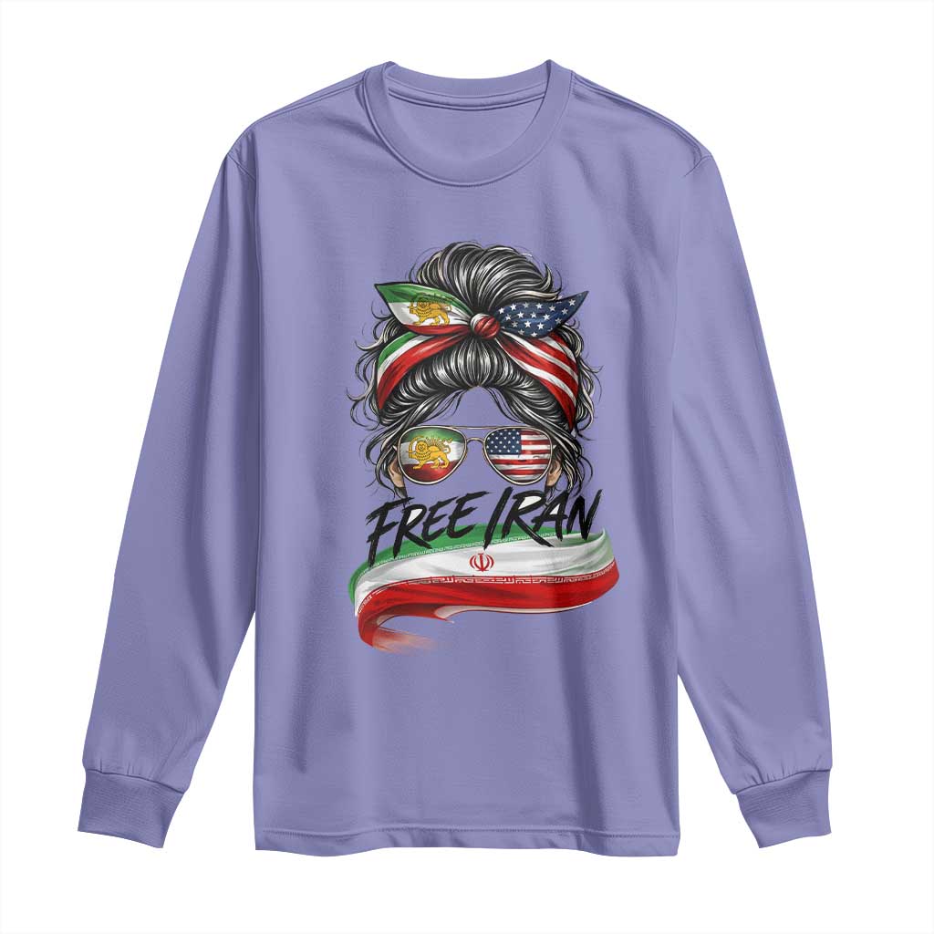 Free Iran Long Sleeve Shirt Persian American Pride Lion Sun Flag Messy Bun TS10 Violet Print Your Wear
