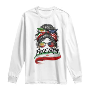Free Iran Long Sleeve Shirt Persian American Pride Lion Sun Flag Messy Bun TS10 White Print Your Wear